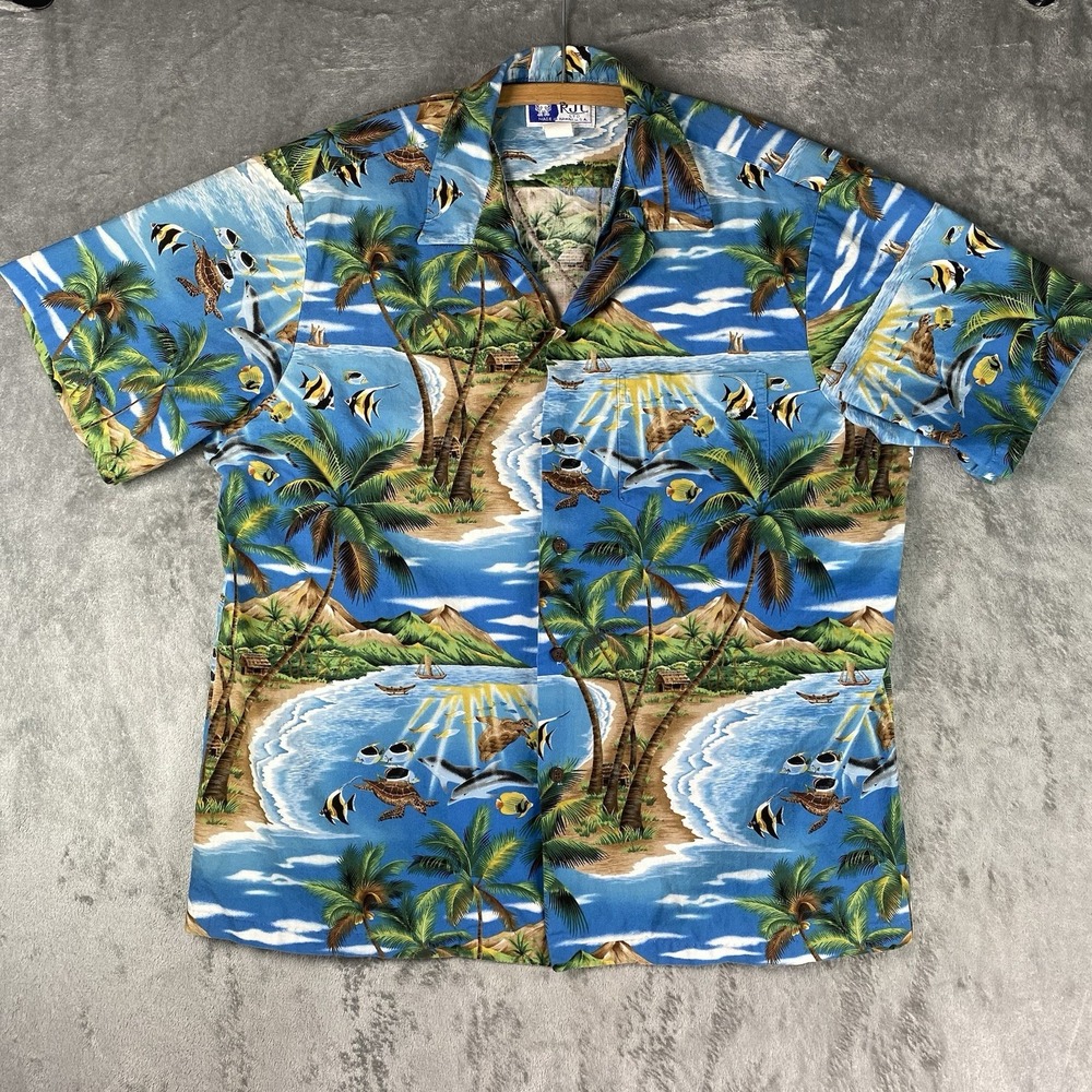 Vintage RJC Hawaiian Shirt Mens XL Blue Fish Sea Turtle Ocean Hawaii USA 90s